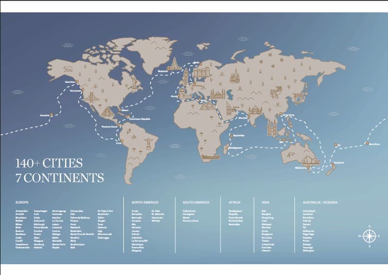Mapa mundial de destinos de Crescent Seas con más de 140 ciudades en 7 continentes